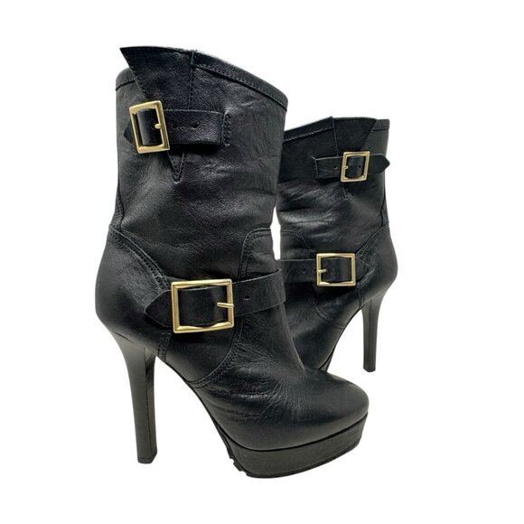 JIMMY CHOO Dylan Mid-Calf Black leather Heeled Moto Boots Heels size 39 9 - Picture 5 of 13